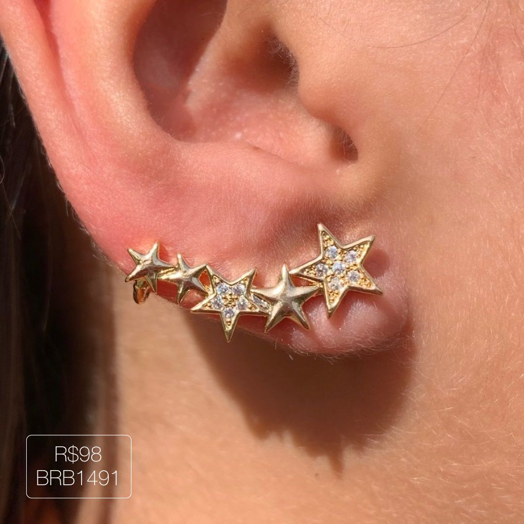 Brinco Mini Ear Cuff Estrelas Cristal Dourada